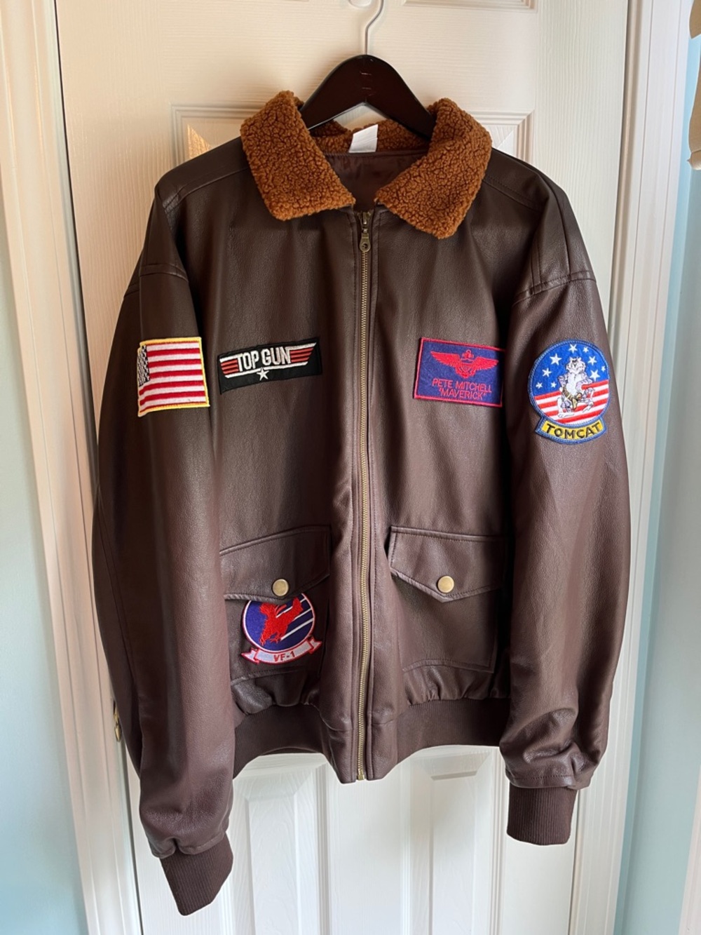 Top Gun Brown Faux Leather Bomber Jacket with Shearling Collar and Patch Accents